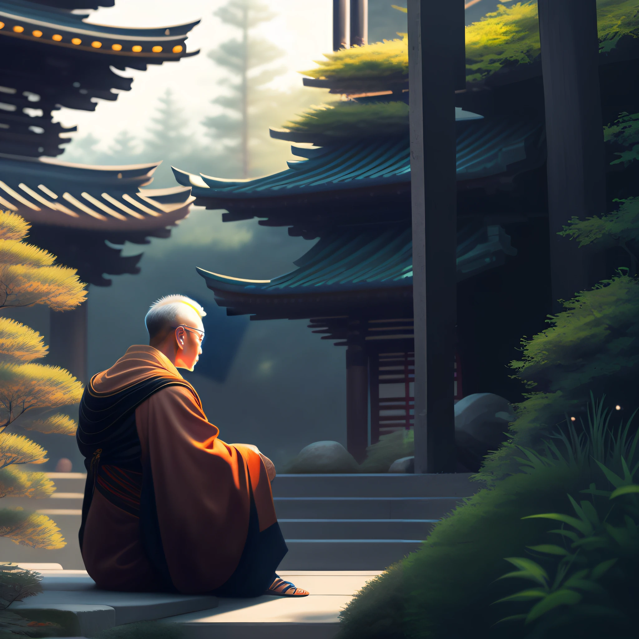 there is a man sitting on a step in front of a pagoda, ancient japanese monk, arte conceitual de um monge, Arte no estilo de Guweiz, Atey Ghailan 8 K, monge meditar, Pintura digital de um pagode, Fundo do templo zen, rossdraws global illumination, inspired by Kaigetsudō Anchi, arte conceitual de pintura digital