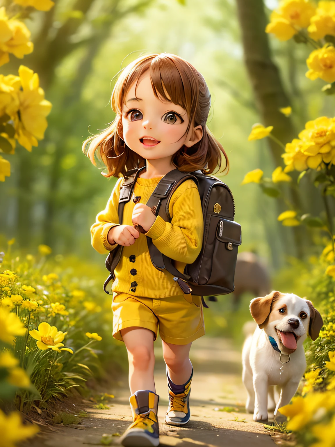 A very adorable little girl with a backpack and her cute puppy enjoying a beautiful spring walk surrounded by beautiful yellow flowers and nature. The illustration is a high-definition illustration in 4K resolution with very detailed facial features and cartoon-style visuals.