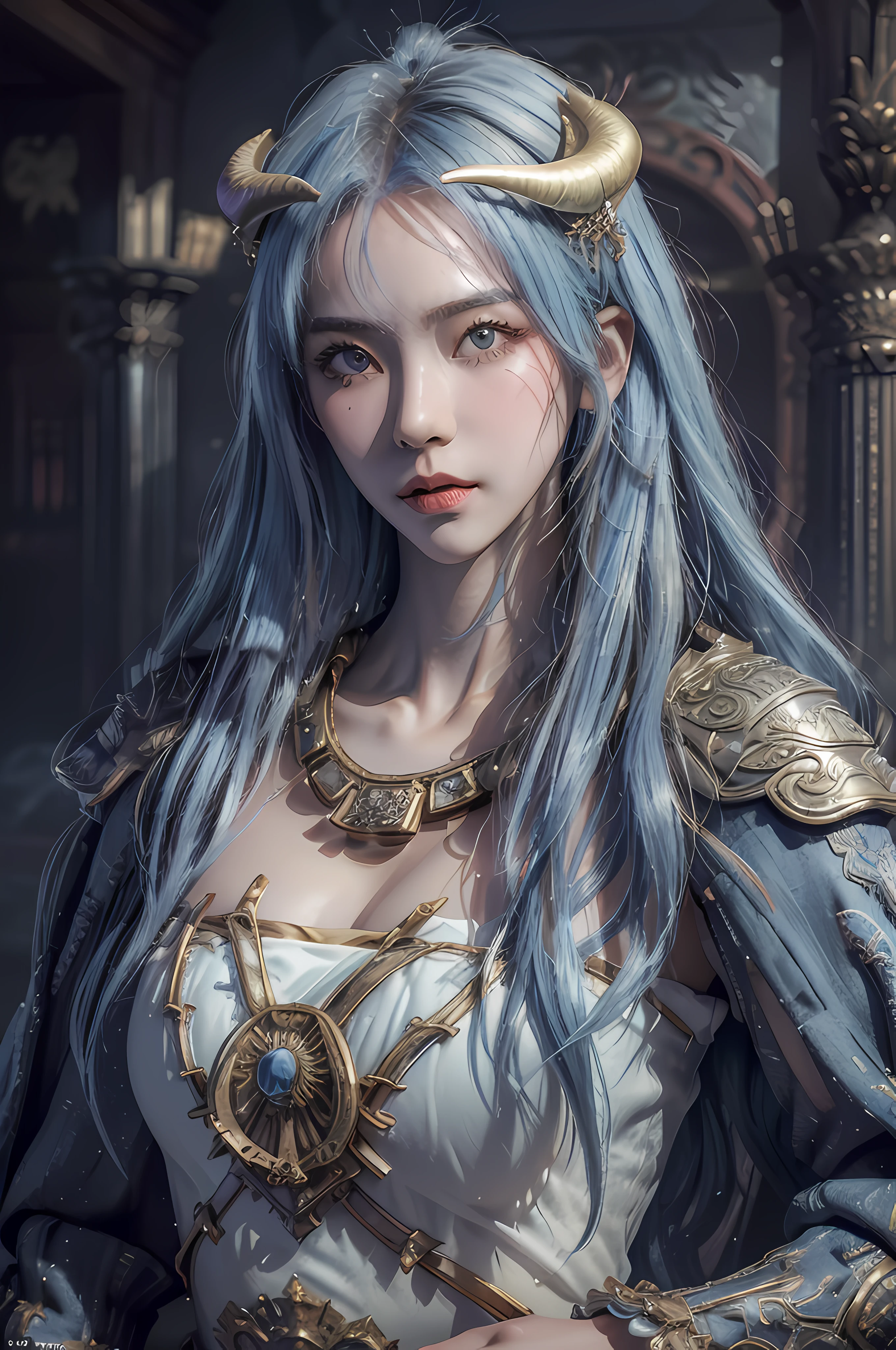 ((Masterpiece))), ((Best Quality))), ((Ultra-detailed)), (Hyper-Real), (Highly Detailed CG Illustration), Cinematic Light, Realistic, (Ganyu), Very Beautiful Young Lady, Horns, Bells on the Chest, (Beautiful Face and Lips), Light Makeup, Intricate Details EBA, Light Blue Hair, Blue Cloak, Popular on ArtStation,