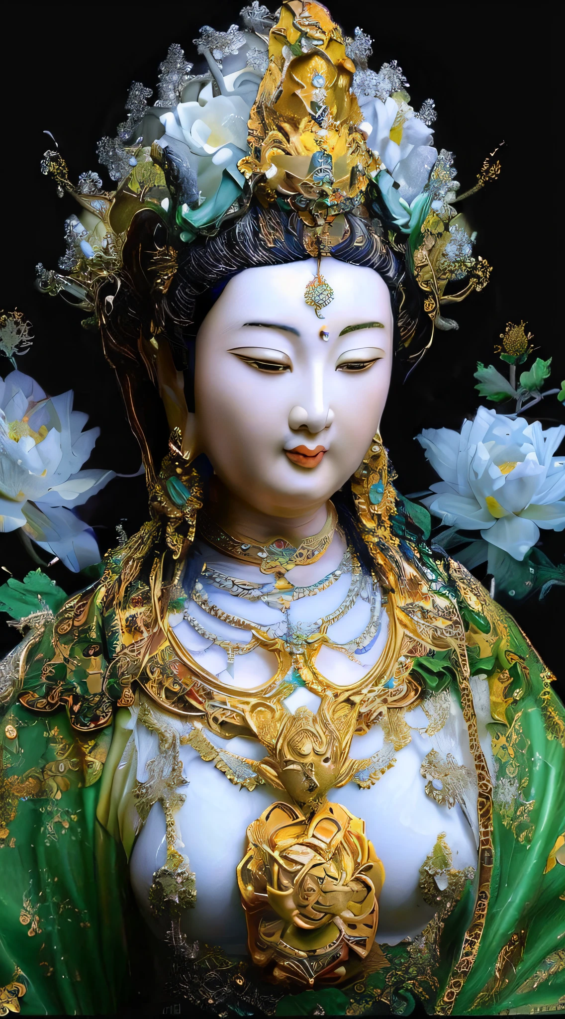 a close up of a statue of a woman with a necklace and flowers, ancient chinese goddess, ancient chinese beauties, gilded lotus princess, guanyin of the southern seas, guanyin, goddess of love and peace, chinese empress, ancient chinese princess, a stunning portrait of a goddess, 3 d goddess portrait, portrait of a beautiful goddess