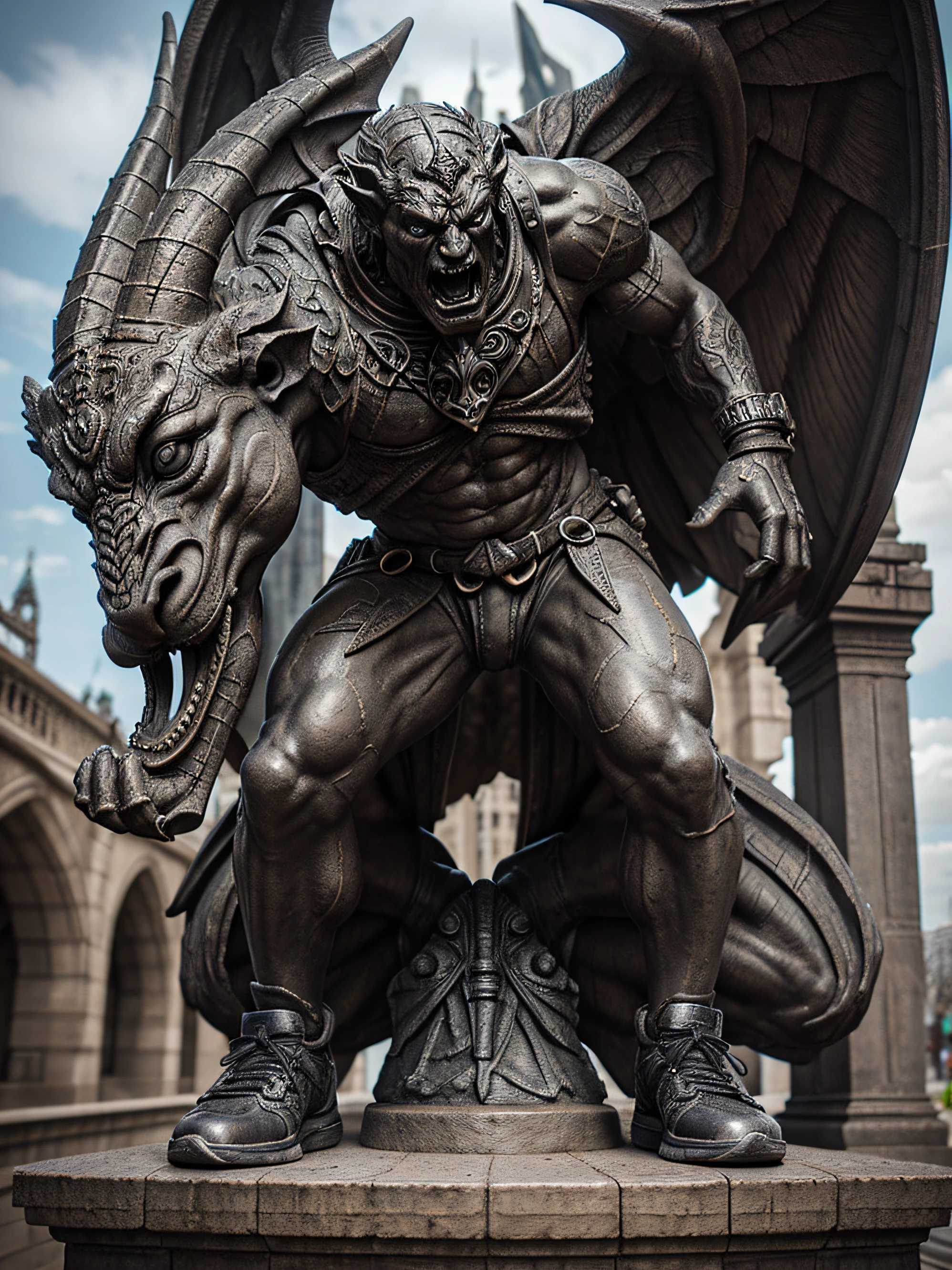 gargoyle statue in iron sneakers, sneakers inspired by gargoyle, (intricate details:0.9), (hdr, hyperdetailed:1.2)